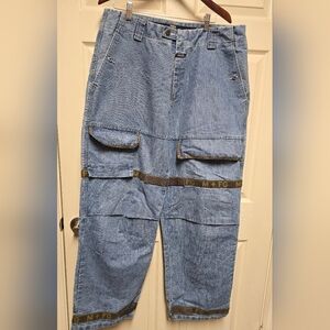 Mens Vintage Marithe Francois Girbaud Blue Cargo Jeans with Brown Accents Sz38